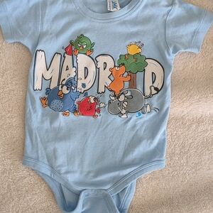 Light Blue 'Madrid' Cartoon One-Piece Bodysuit for babies. Size 12M